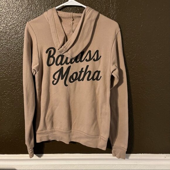 Tan ‘Badass Motha’ Zip Down Hoodie by Her Little Wolves, Sz Small No Drawstring - Picture 5 of 7